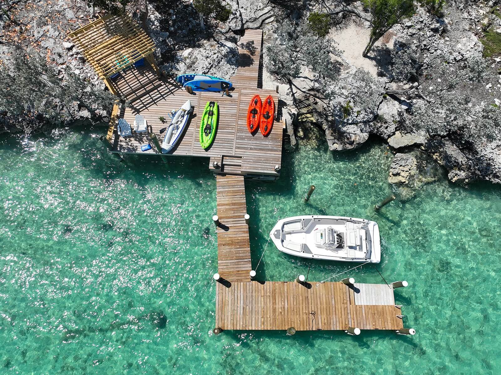 Bakari House Great Exuma Bahamas Boat dock drone shot