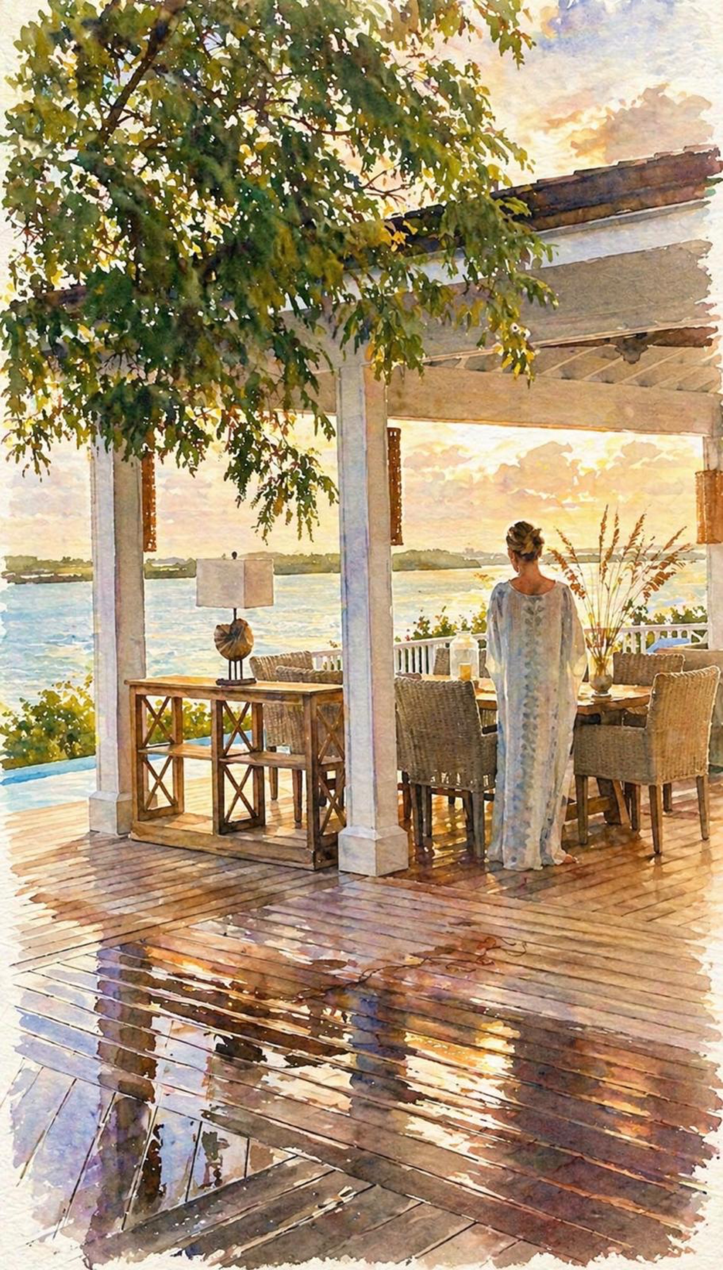Watercolor illustration of a woman on the porch overlooking the ocean at Bakari House Great Exuma Bahamas