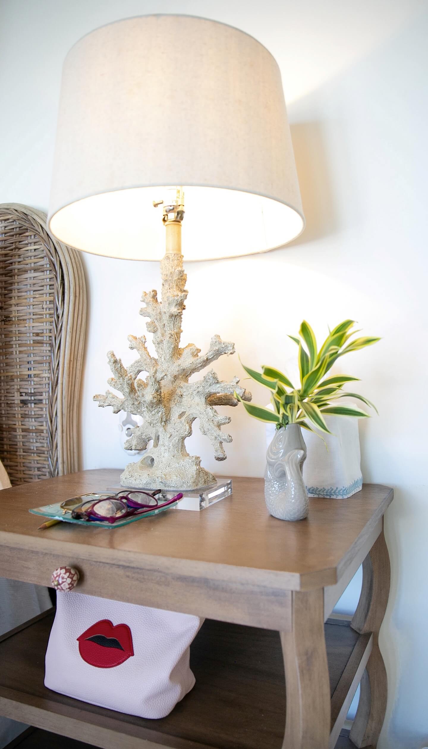 Coral-shaped table lamp on a bedside table Bakari House Great Exuma Bahamas